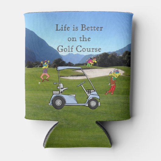Grappige golfers en golfkar handdoek blikjeskoeler (Voorkant)