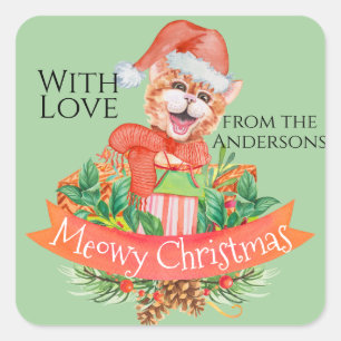 Grappige Goofy Kat Kleurrijke Meowy Kerst Pun Vier Vierkante Sticker