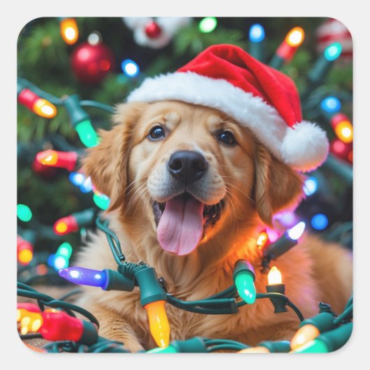 Grappige Goud Retriever Kerstontwerp – Puppy Vierkante Sticker (Voorkant)