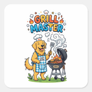 Grappige Gouden Retriever Grill Meester BBQ Grafis Vierkante Sticker