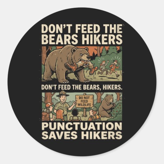Grappige grammatica-interpunctie redt wandelaars E Ronde Sticker (Voorkant)