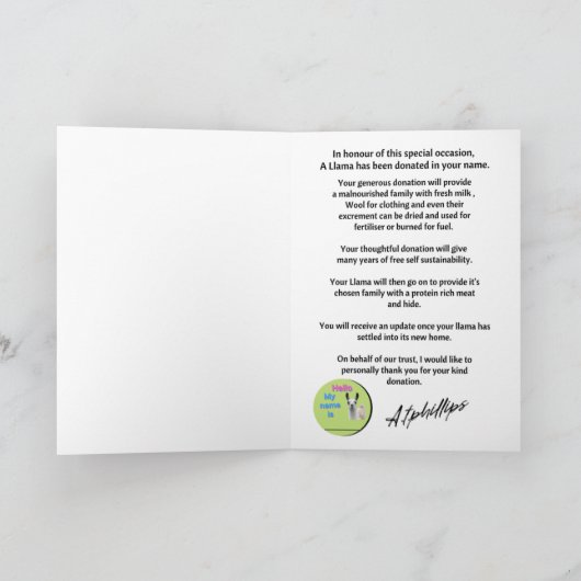 Grappige grap gedoneerd een lama in jouw naam vaka feestdagen kaart (Binnen)