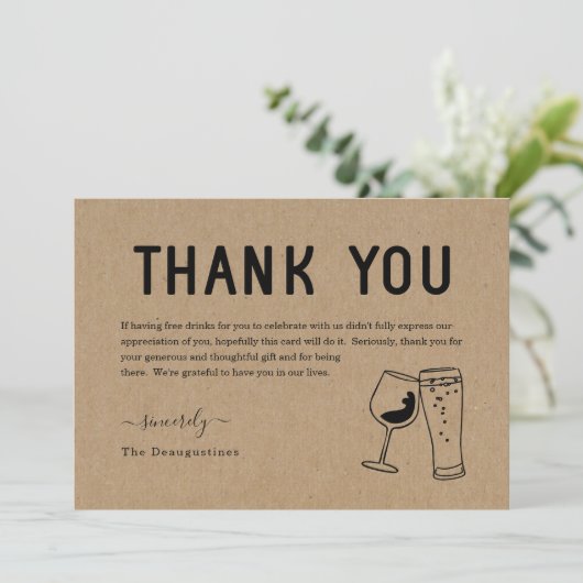 Grappige Gratis Drankjes Wijn & Bier Bedankkaart (Staand voorkant)