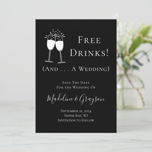 Grappige Gratis Drinken en een bruiloft Save The D Date (Staand voorkant)