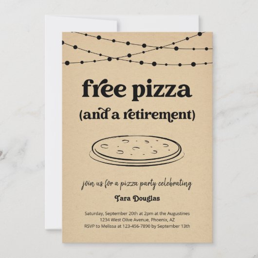 Grappige Gratis Pizza & een Pensioenfeest Uitnodig Kaart (Voorkant)