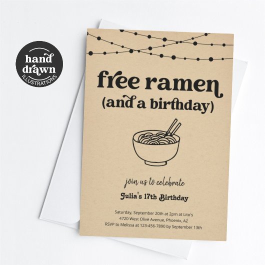 Grappige Gratis Ramen Verjaardagsfeestuitnodiging Kaart