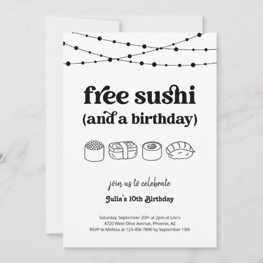 Grappige Gratis Sushi Verjaardagsfeestuitnodiging Kaart (Voorkant)