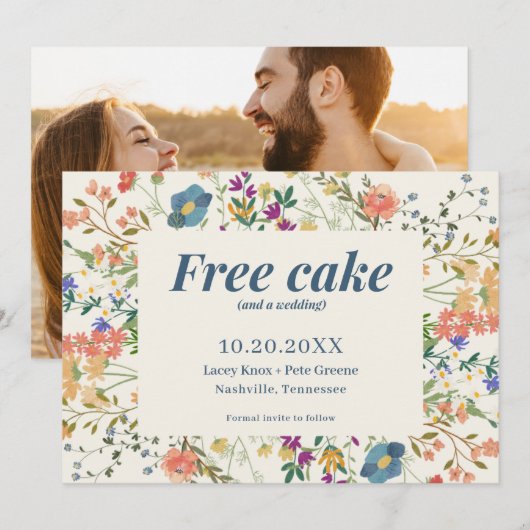 Grappige Gratis Taart Wildbloemen Bruiloft Save th The Date (Voorkant / Achterkant)