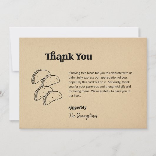 Grappige gratis tacos bruiloft dank u kaart (Voorkant)