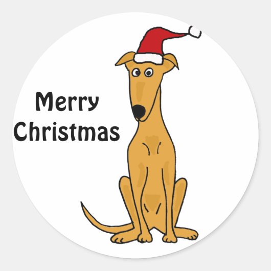 Grappige Greyhound Hond in Santa Hat Kerstkunst Ronde Sticker (Voorkant)