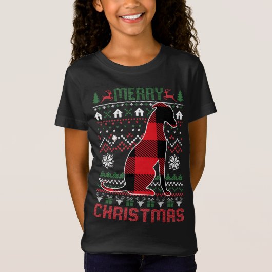 Grappige Greyhound Lelijke Kerst Rode Plad Lights T-shirt (Voorkant)