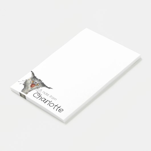 Grappige grijze cartoon kat en bij naam post-it® notes (Schuin)