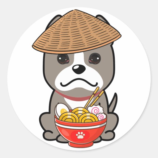 Grappige grijze hond eet noedels ronde sticker (Voorkant)