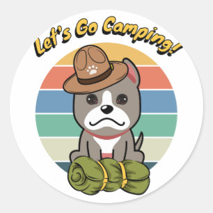 Grappige grijze hond wil gaan kamperen ronde sticker