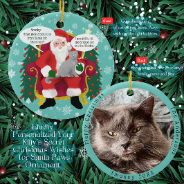 Grappige grijze kat bezoekt de kerstman met hilari keramisch ornament