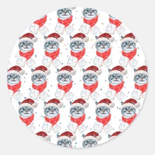 Grappige Grijze Lapjeskat Met Kerstman Hoed Kerstm Ronde Sticker (Voorkant)