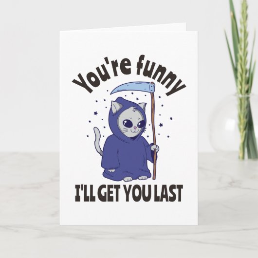 Grappige Grim Reaper Kat Halloween Kostuum Kaart (Voorkant)