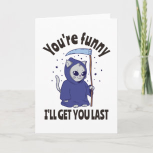 Grappige Grim Reaper Kat Halloween Kostuum Kaart