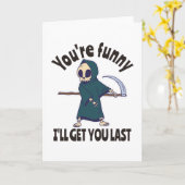 Grappige Grim Reaper Skelet Halloween Kostuum Kaart (Gele Bloem)