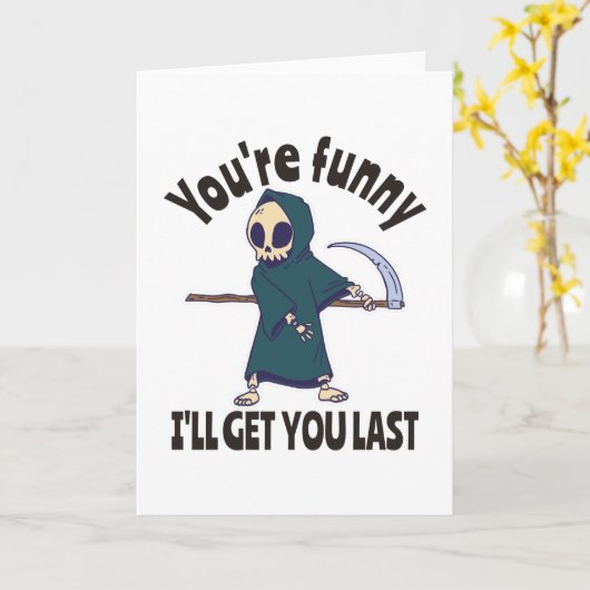 Grappige Grim Reaper Skelet Halloween Kostuum Kaart (Gele Bloem)