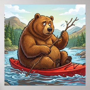 Grappige Grizzlybeer in Kayak Cartoon Poster