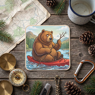 Grappige Grizzlybeer in Kayak Cartoon Vierkante Sticker