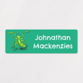 Grappige groene bidsprinkhaan cartoon gepersonalis labels (Design 1)