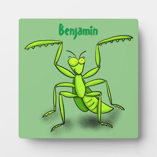 Grappige groene bidsprinkhaan cartoonillustratie fotoplaat (Voorkant)