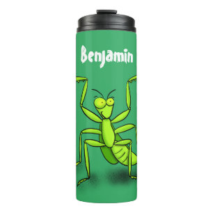 Grappige groene bidsprinkhaan cartoonillustratie thermosbeker