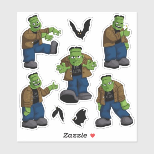 Grappige Groene Frankenstein Monster Cartoon & Vle Sticker (Vel)