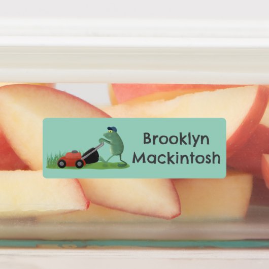 Grappige groene kikker die het gazon maait, gepers labels (Aangebracht)