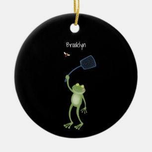 Grappige groene kikker die vlieg slaat cartoon keramisch ornament