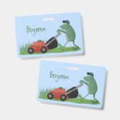 Grappige groene kikker grasmaaien cartoon badge (Voor- en achterkant)