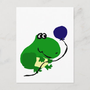 Grappige groene kikker met blauwe verjaardagsballo briefkaart