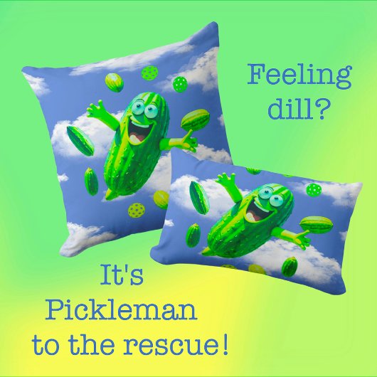 Grappige groene pickleman in de lucht kussen