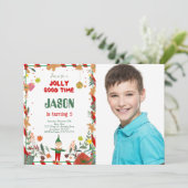 Grappige Groene & Rode Elf Verjaardagsfeestfoto Kaart (Staand voorkant)