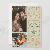 Grappige groene rode hand getrokken kerst 2 foto feestdagenkaart (Voorkant)