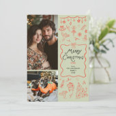 Grappige groene rode hand getrokken kerst 2 foto feestdagenkaart (Staand voorkant)
