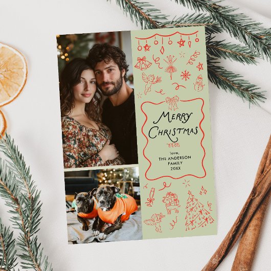Grappige groene rode hand getrokken kerst 2 foto feestdagenkaart