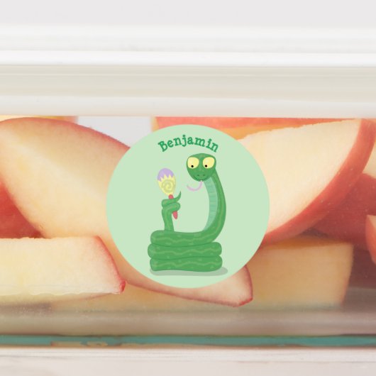 Grappige groene slang met maraca cartoon labels (Aangebracht)