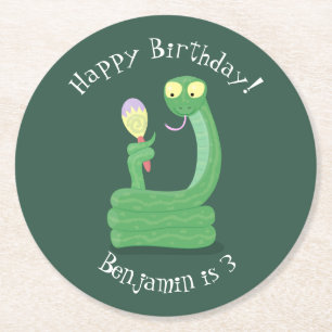 Grappige groene slang met maraca-cartoon ronde kartonnen onderzetter