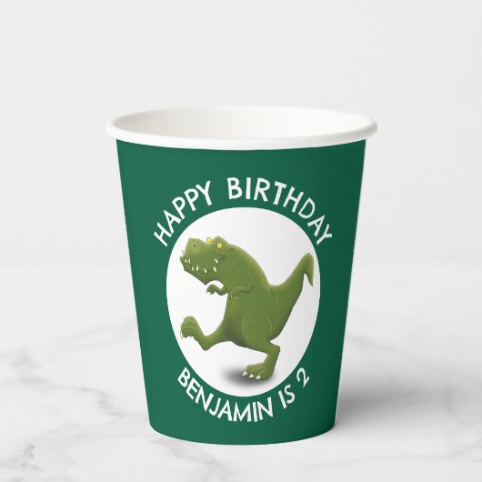 Grappige groene t rex dinosaurus cartoon gepersona papieren bekers (Achterkant)