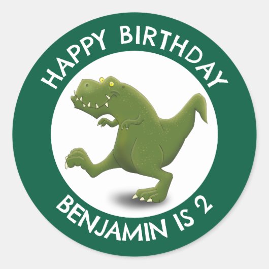 Grappige groene t rex dinosaurus cartoon gepersona ronde sticker (Voorkant)