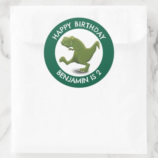 Grappige groene t rex dinosaurus cartoon gepersona ronde sticker (Tas)