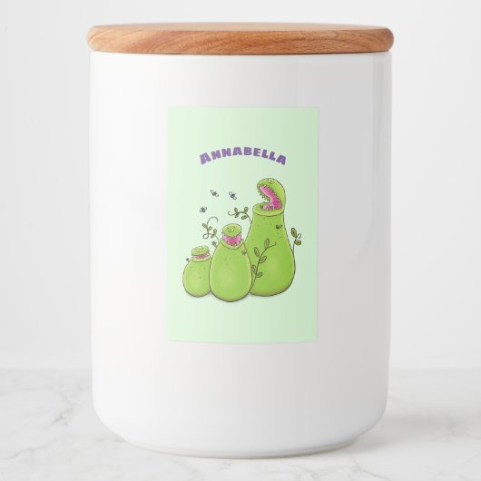 Grappige groene vleesetende pitcher plants cartoon voedselcontainer etiket (Voorkant)