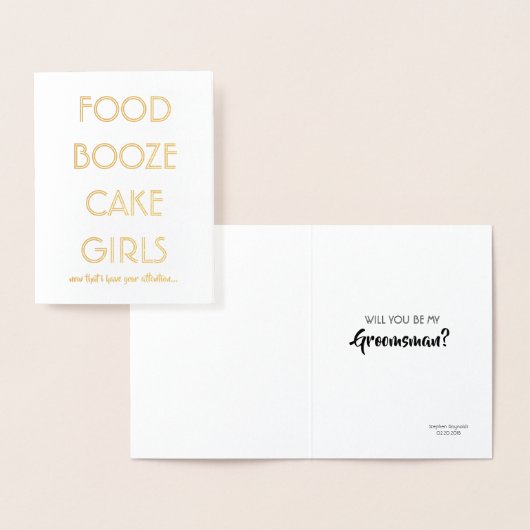 Grappige Groomsman of Best Man FOOD BOOZE TAART ME Folie Kaarten (Display)