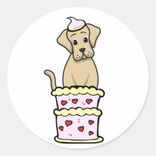 Grappige grote hond springen uit een taart ronde sticker