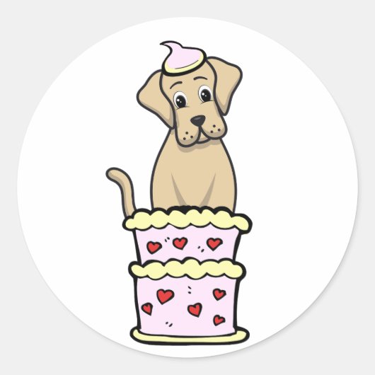 Grappige grote hond springen uit een taart ronde sticker (Voorkant)
