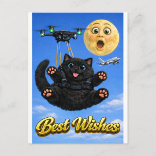 Grappige Grote Zwarte Kat Drone Vlucht Beste Wense Briefkaart