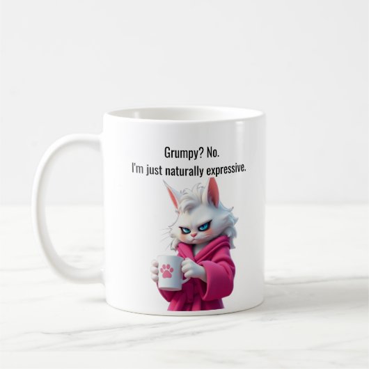 Grappige Grumpy kat in een Robe en Koffie Witte ka Koffiemok (Links)